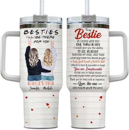 Bestie Friendship Tumbler 40oz with Handle & Straw – Personalized Stainless Steel Insulated Travel Cup with Lid – Heartwarming Gift for Best Friends