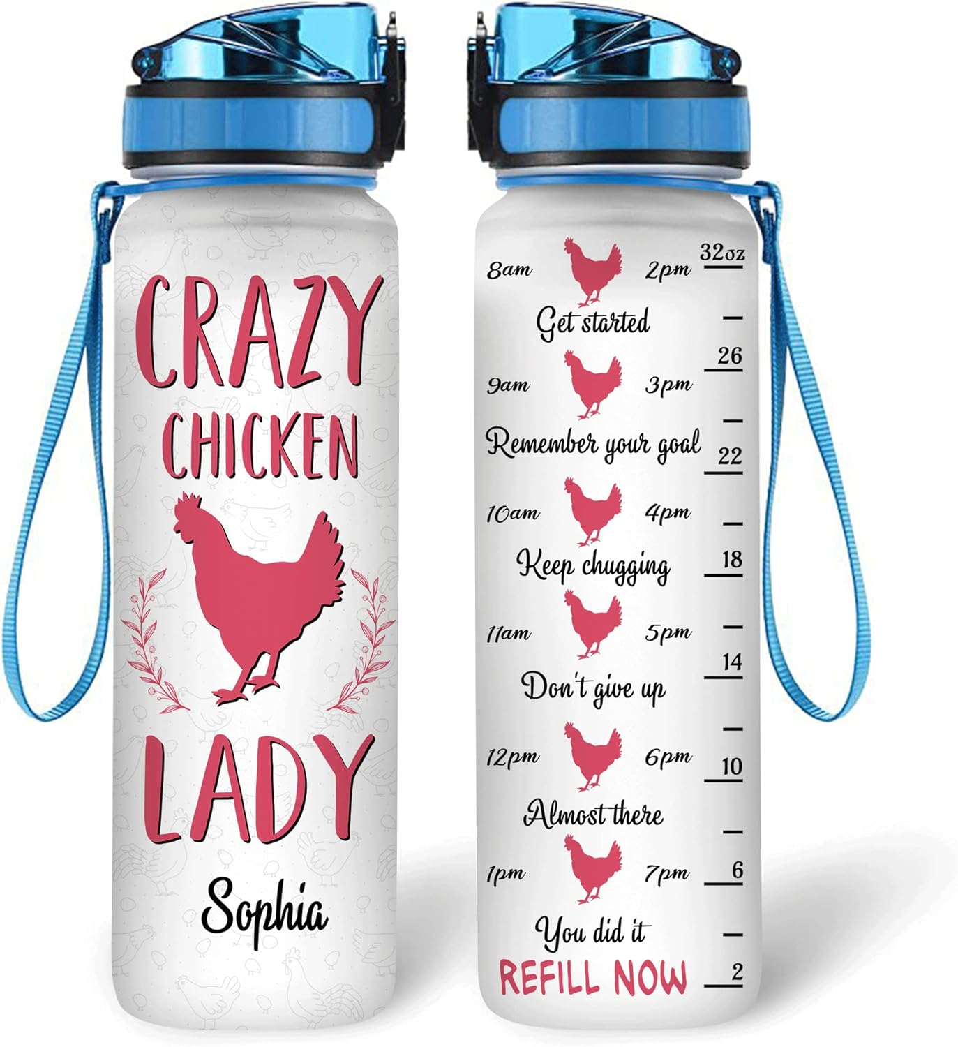 Crazy Chicken Lady 32oz Water Bottle Tracker – Personalized Hydration Bottle with Time Marker – Funny Gift for Farm & Animal Lovers