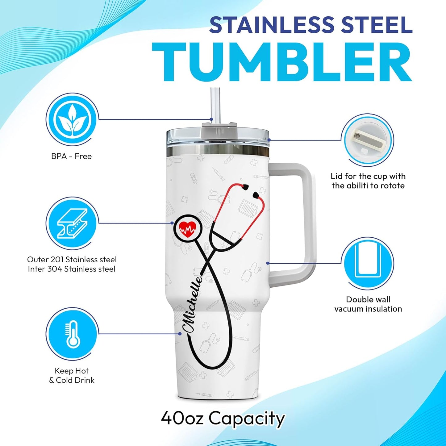 Nurse Stethoscope Tumbler 40oz with Handle & Straw – Personalized Stainless Steel Insulated Travel Cup with Lid – Appreciation Gift for Nurses & Students