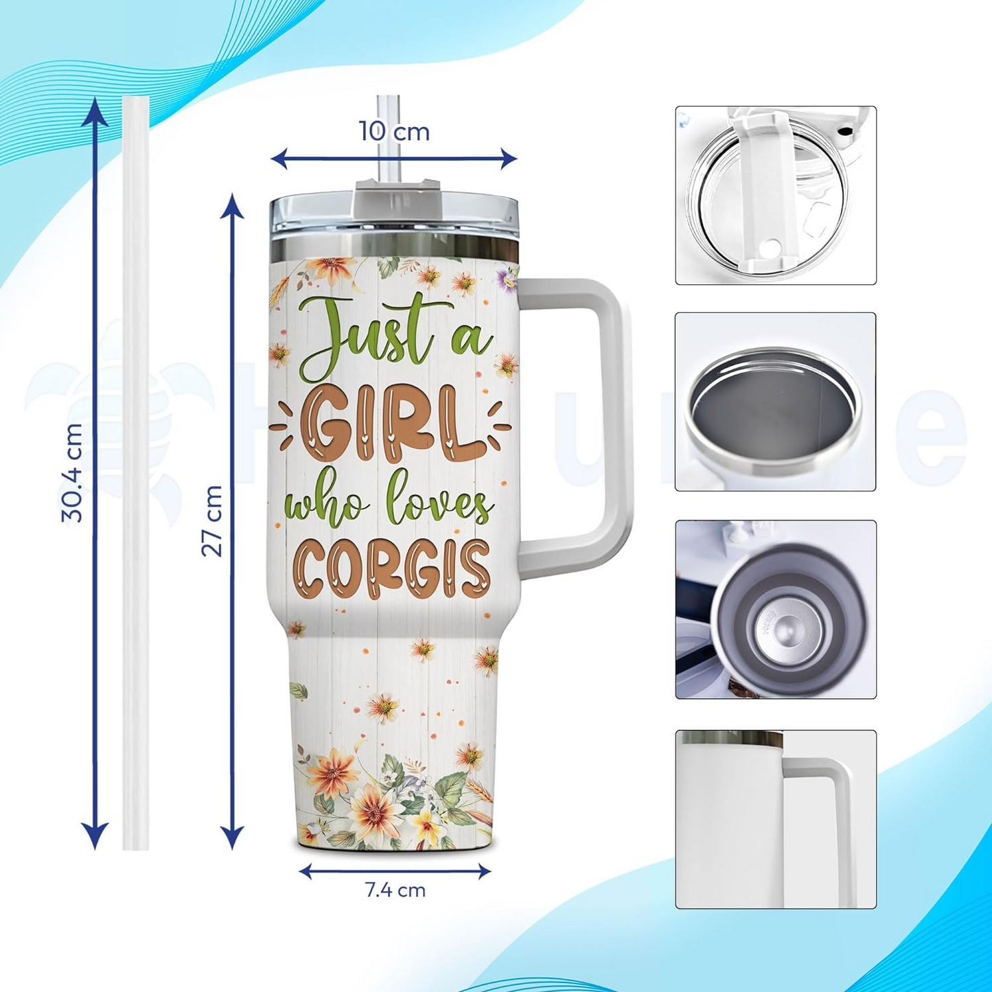 Corgi Lover Tumbler 40oz with Handle & Straw – Personalized Stainless Steel Travel Cup with Lid – Fun Gift for Dog Lovers