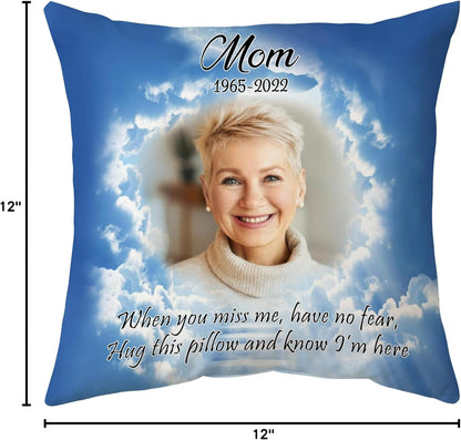 Personalized Memorial Pillow with Insert – Hug Me Custom Photo Cushion – Remembrance Gift for Loss of Loved One in Heaven