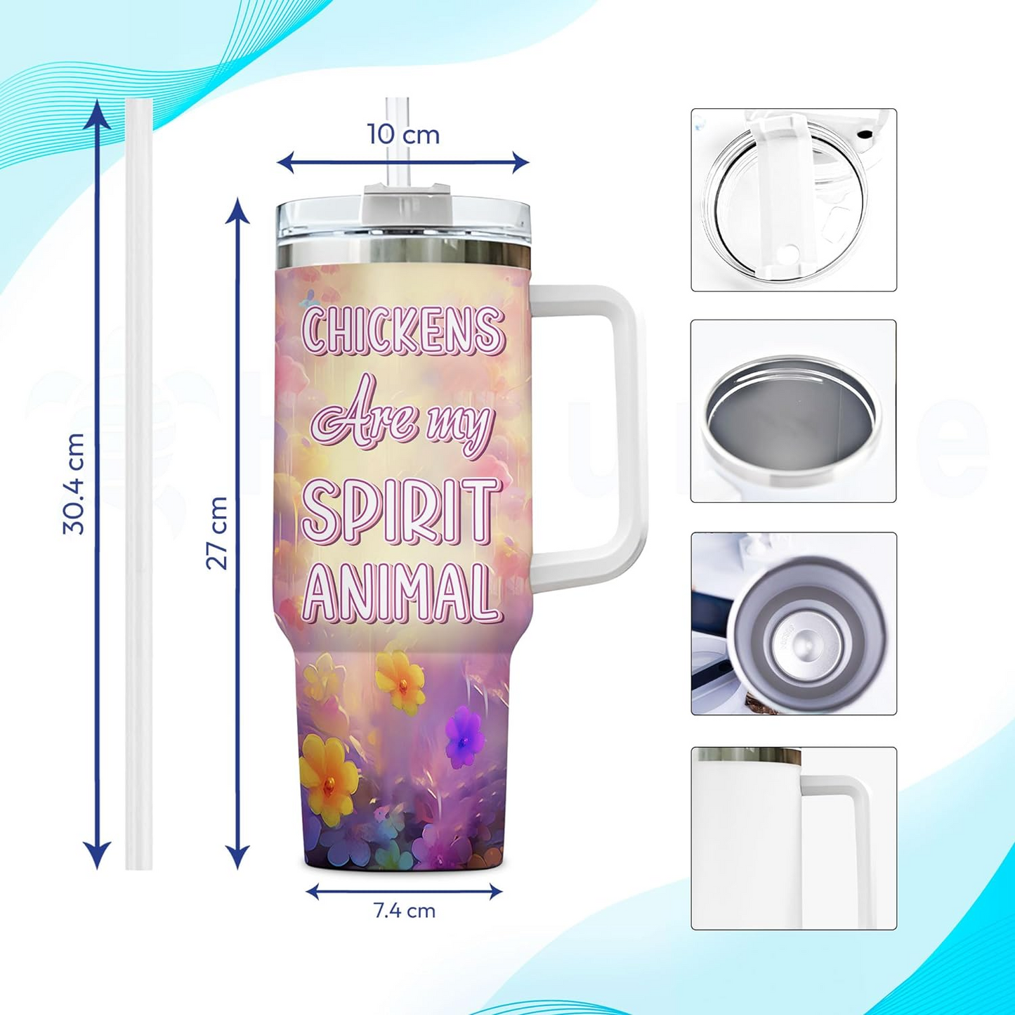 Colorful Chicken Tumbler 40oz with Handle & Straw – Personalized Stainless Steel Cup with Lid – Cute Farm Animal Gift for Women & Girls