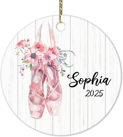 Ballet Pointe Shoes with Florals Ceramic Ornament – Personalized Name, Custom Christmas Gift for Ballerina Girl, Dance Student or Teacher
