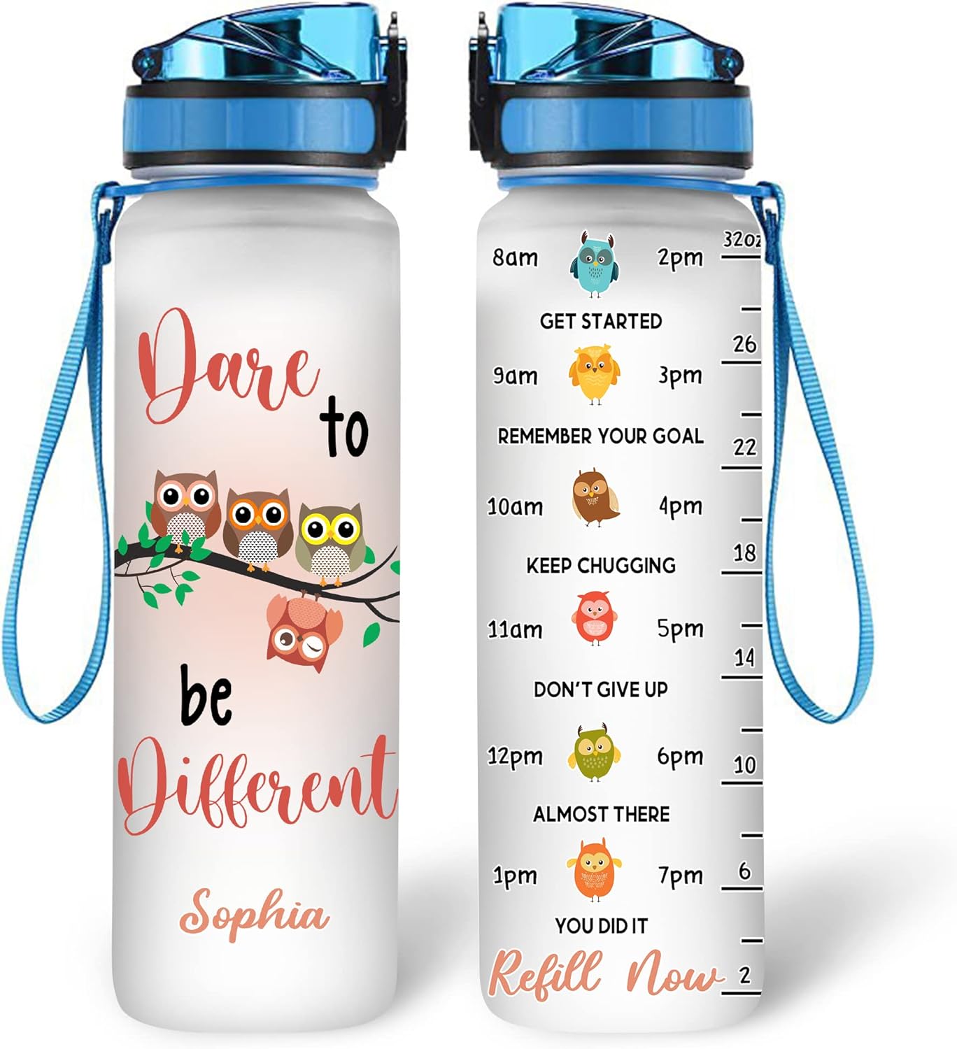 Dare To Be Different Owl Water Bottle Tracker 32oz – Personalized Motivational Hydration Bottle – Inspiring Gift for Owl Lovers