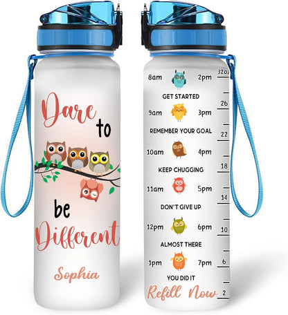 Dare To Be Different Owl Water Bottle Tracker 32oz – Personalized Motivational Hydration Bottle – Inspiring Gift for Owl Lovers