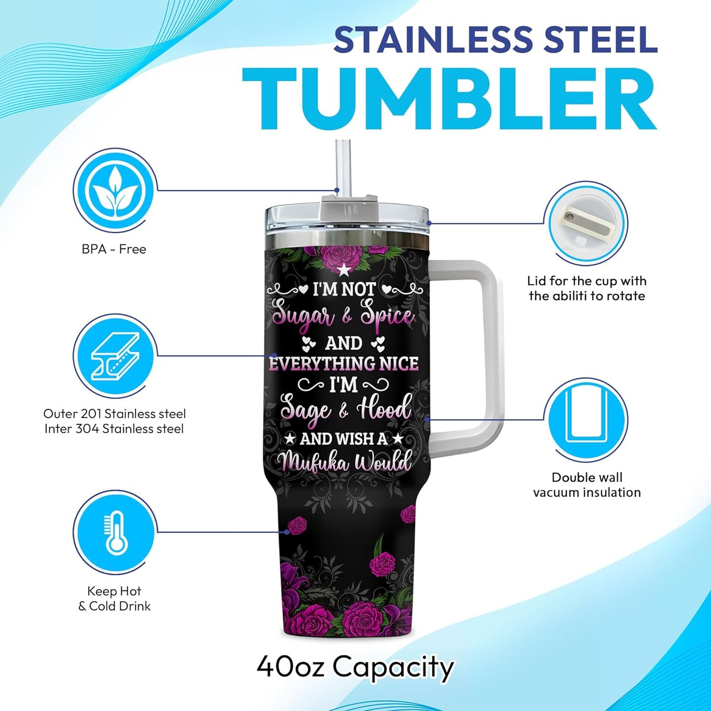 Gothic Sugar Skull Tumbler 40oz with Handle & Straw – Personalized Stainless Steel Insulated Travel Cup with Lid – Unique Gothic Gift for Women