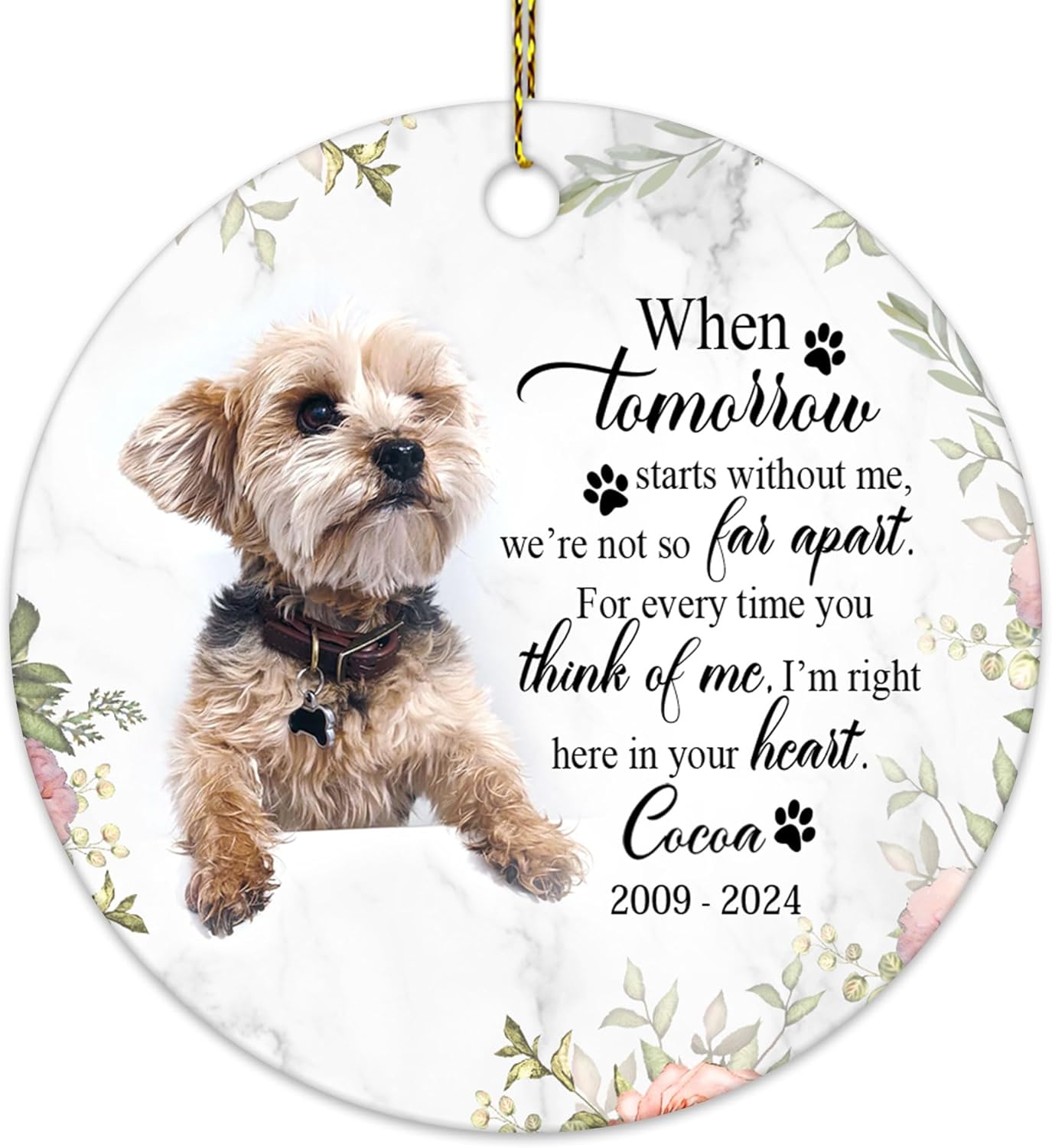 Dog Memorial Photo Ceramic Ornament – Personalized Custom Name Circle Keepsake, Sympathy Christmas Gift for Pet Loss for Dog Mom or Dad