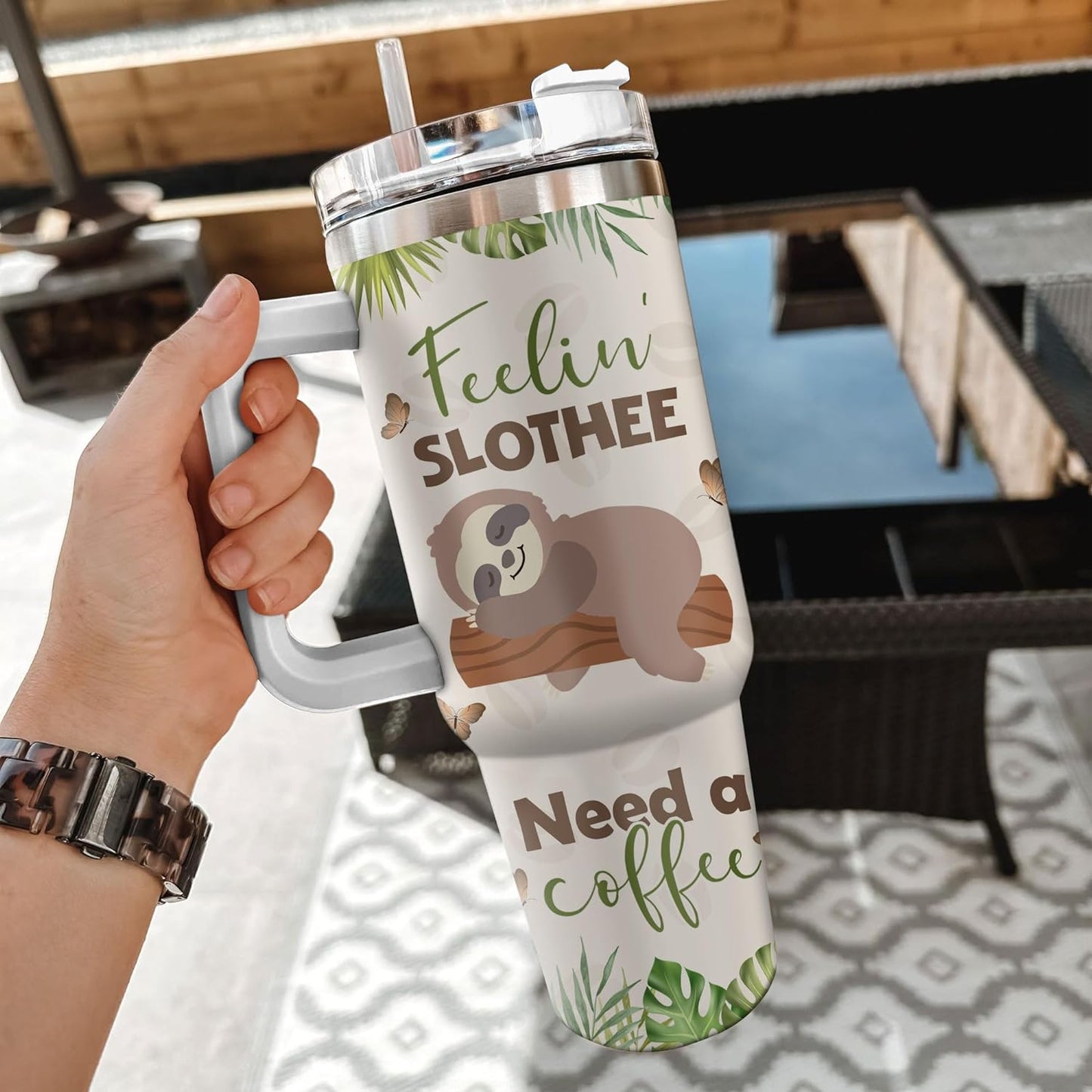 Funny Sloth Coffee Tumbler 40oz with Handle & Straw – Personalized Stainless Steel Travel Cup with Lid – Creative Gift for Animal Lovers