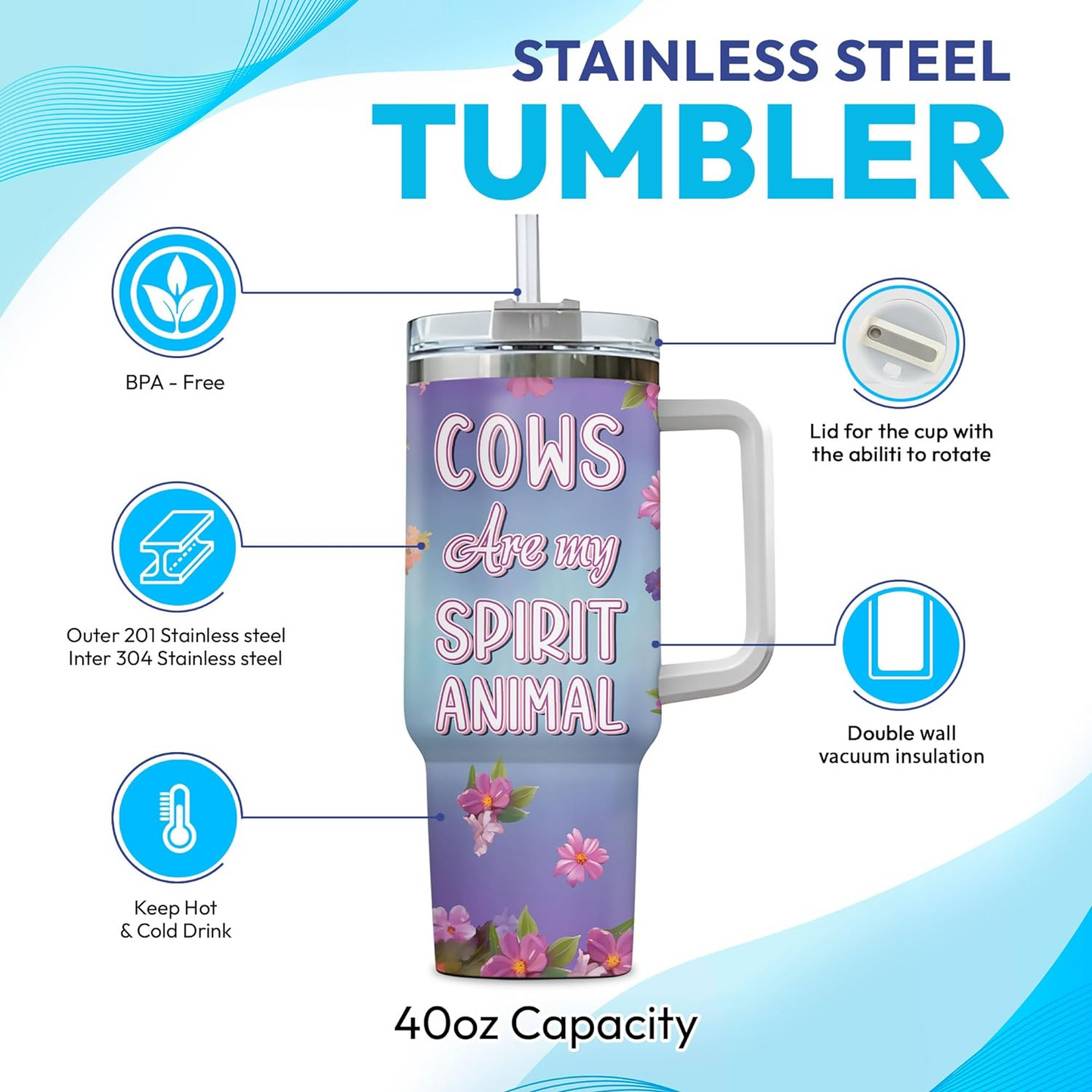 Cow Lover Tumbler 40oz with Handle & Straw – Personalized Stainless Steel Insulated Travel Cup with Lid – Cute Birthday Gift for Farm Animal Lovers