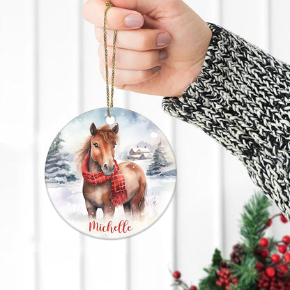 Horse in Snow Scarf Ceramic Circle Ornament – Personalized Christmas Gift for Horse Lover, Rider or Barn Friend
