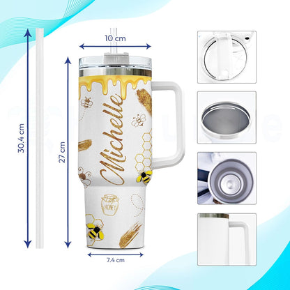 Bee & Honeycomb Tumbler 40oz with Handle & Straw – Personalized Stainless Steel Insulated Travel Cup with Lid – Unique Gift for Bee Lovers