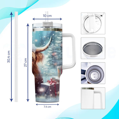 Christmas Highland Cow Tumbler 40oz with Handle & Straw – Personalized Stainless Steel Insulated Cup with Lid – Festive Gift for Cow Lovers