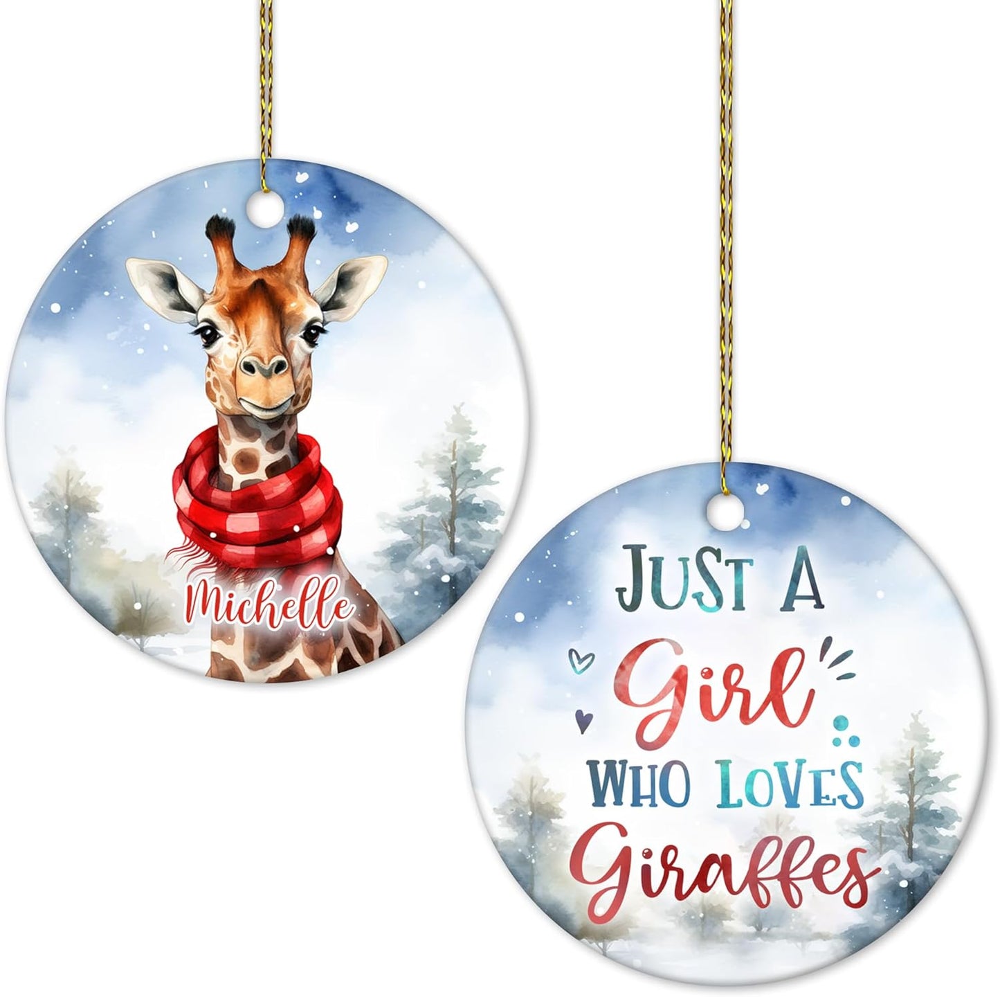 Giraffe in Scarf Winter Scene Ceramic Circle Ornament – Personalized Christmas Gift for Giraffe Lover, Animal Fan or Nature-Inspired Decor