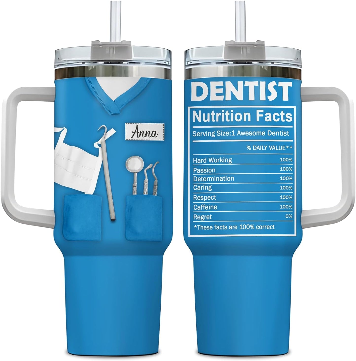 Dentist Scrub Tumbler 40oz with Handle & Straw – Personalized Stainless Steel Insulated Travel Cup with Lid – Creative Gift for Dental Lovers