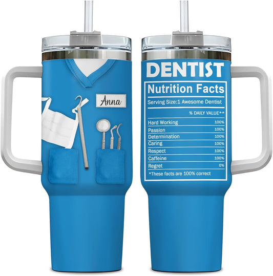 Dentist Scrub Tumbler 40oz with Handle & Straw – Personalized Stainless Steel Insulated Travel Cup with Lid – Creative Gift for Dental Lovers