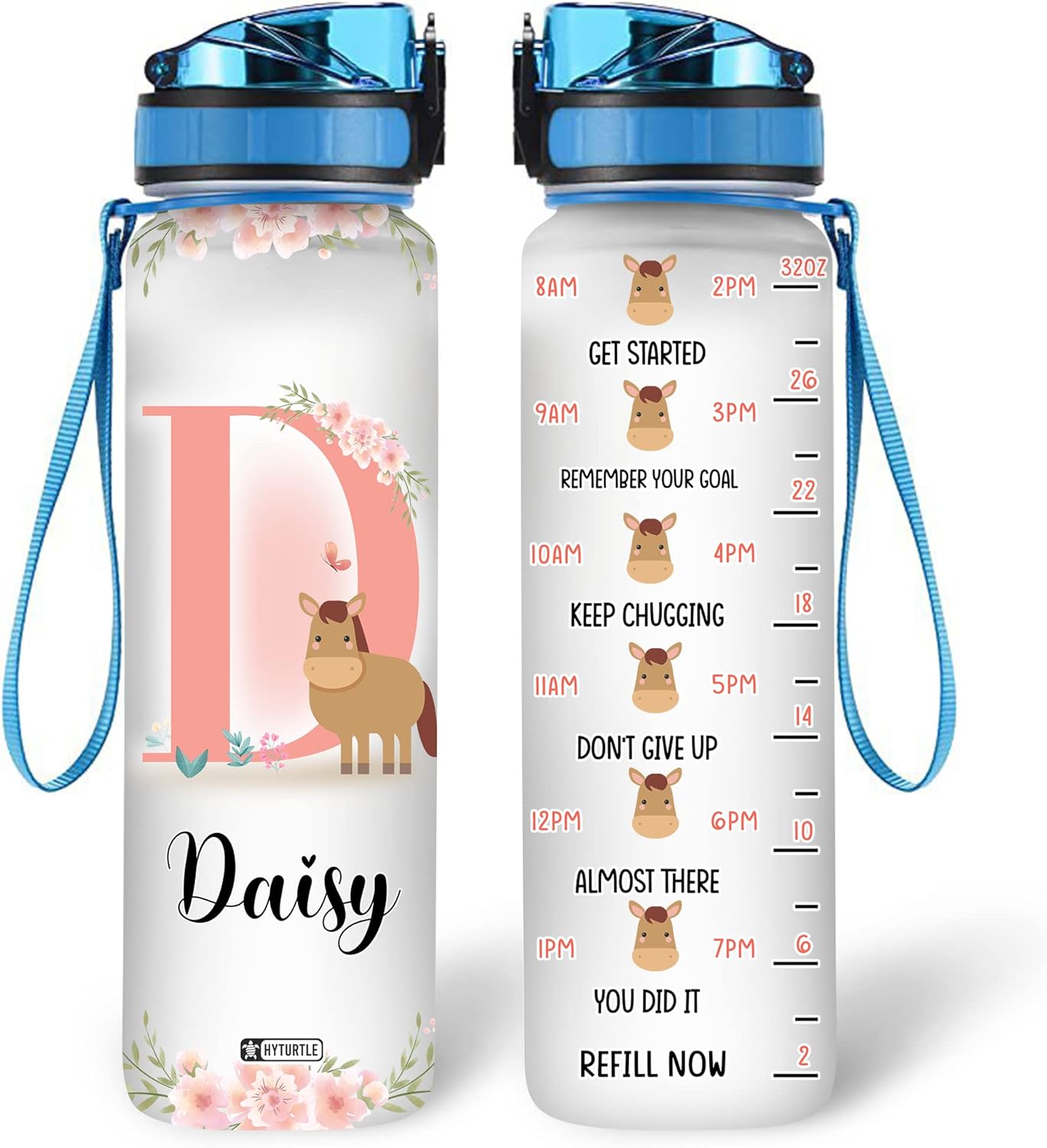 Cute Horse Floral Pattern - Personalized Water Tracker Bottle 32oz