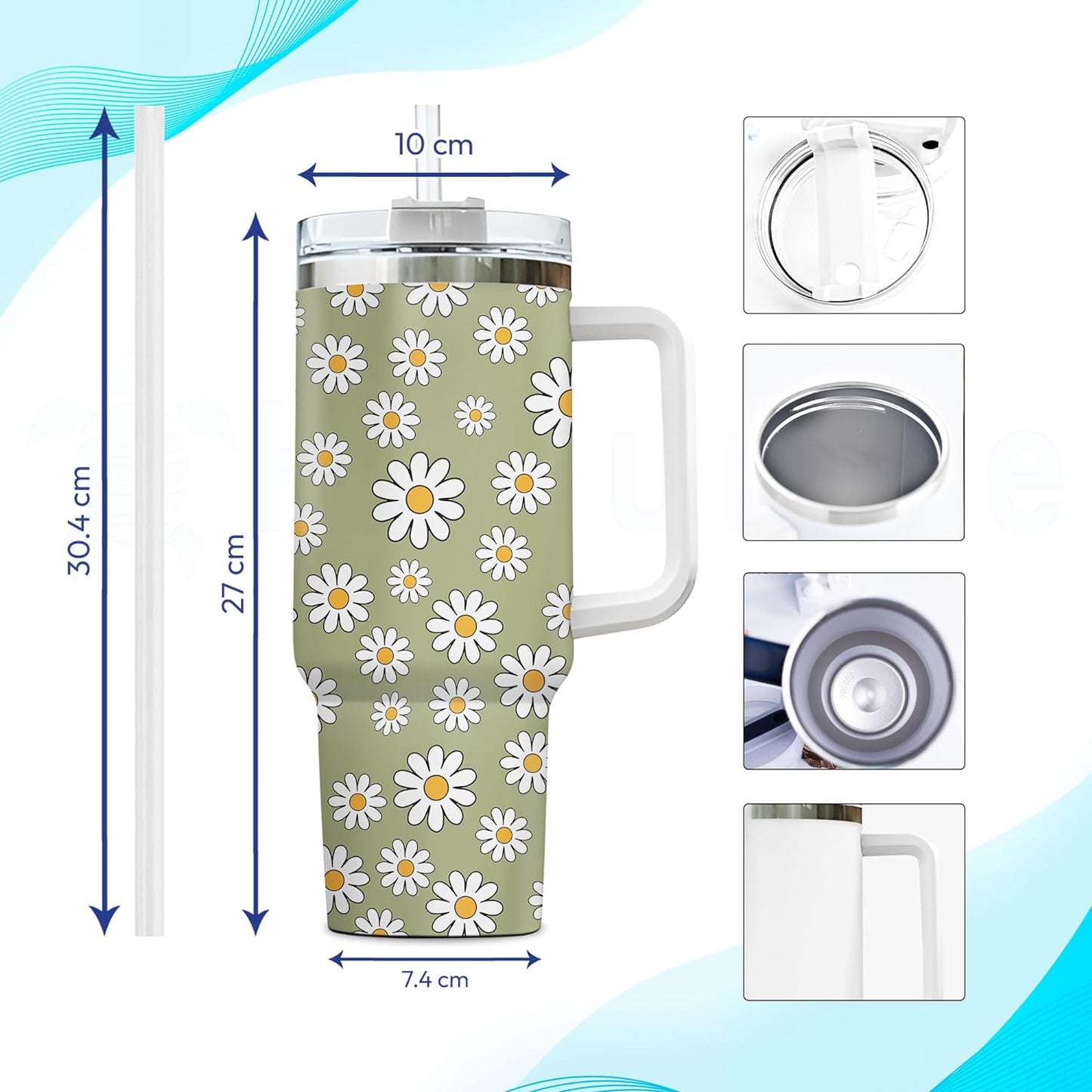 Daisy Flower Pattern Tumbler 40oz with Handle & Straw – Personalized Stainless Steel Insulated Cup with Lid – Stylish Gift for Floral Lovers