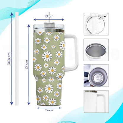 Daisy Flower Pattern Tumbler 40oz with Handle & Straw – Personalized Stainless Steel Insulated Cup with Lid – Stylish Gift for Floral Lovers