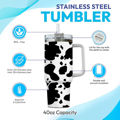 Cow Print Tumbler 40oz – Personalized Stainless Steel Insulated Travel Cup with Handle & Straw, Leak-Proof Lid – Unique Gift for Farm Animal Lovers