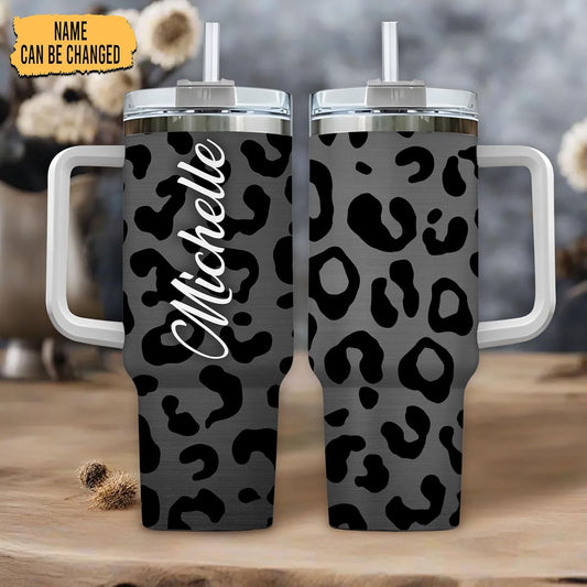 Black Leopard Print Tumbler 40oz with Handle & Straw – Personalized Stainless Steel Insulated Cup with Lid – Stylish Gift for Women