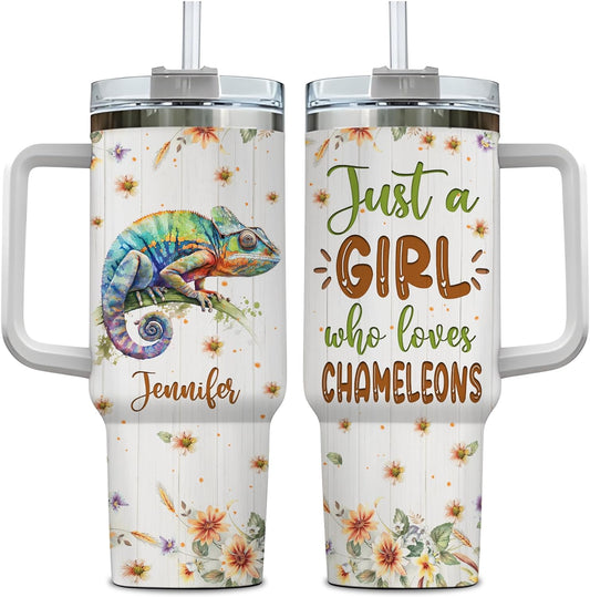 Colorful Chameleon Tumbler 40oz with Handle & Straw – Personalized Stainless Steel Insulated Cup with Lid – Artistic Gift for Reptile Lovers