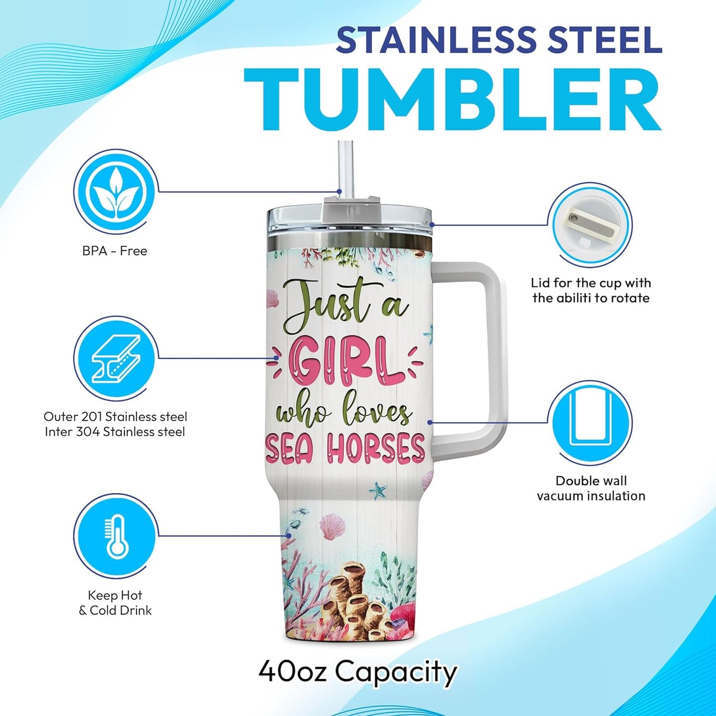 Colorful Seahorse 40oz Tumbler with Handle & Straw – Personalized Stainless Steel Insulated Travel Cup with Lid – Unique Marine Gift for Women