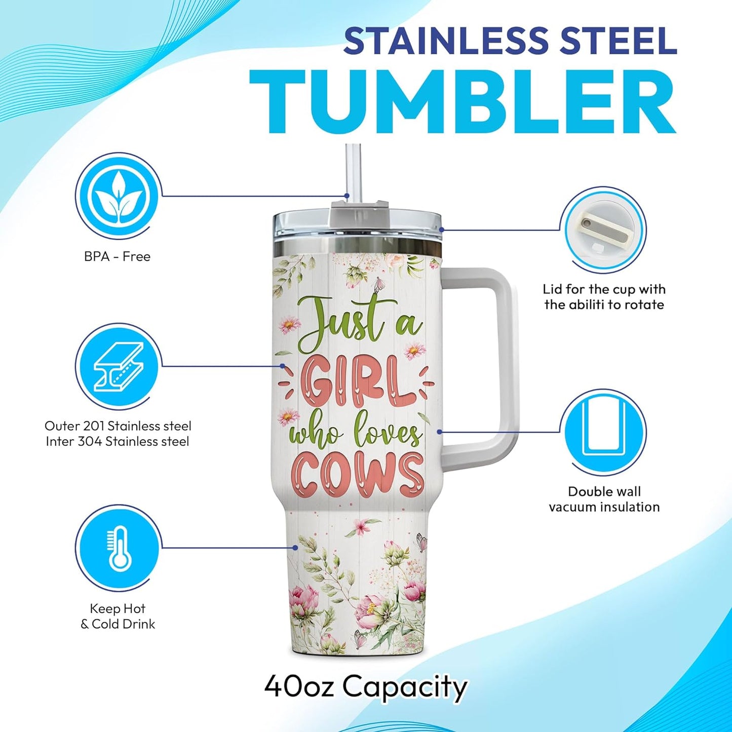 Cow Lover Tumbler 40oz – Personalized Stainless Steel Insulated Travel Cup with Handle & Straw – Farm Animal Gift for Women & Girls
