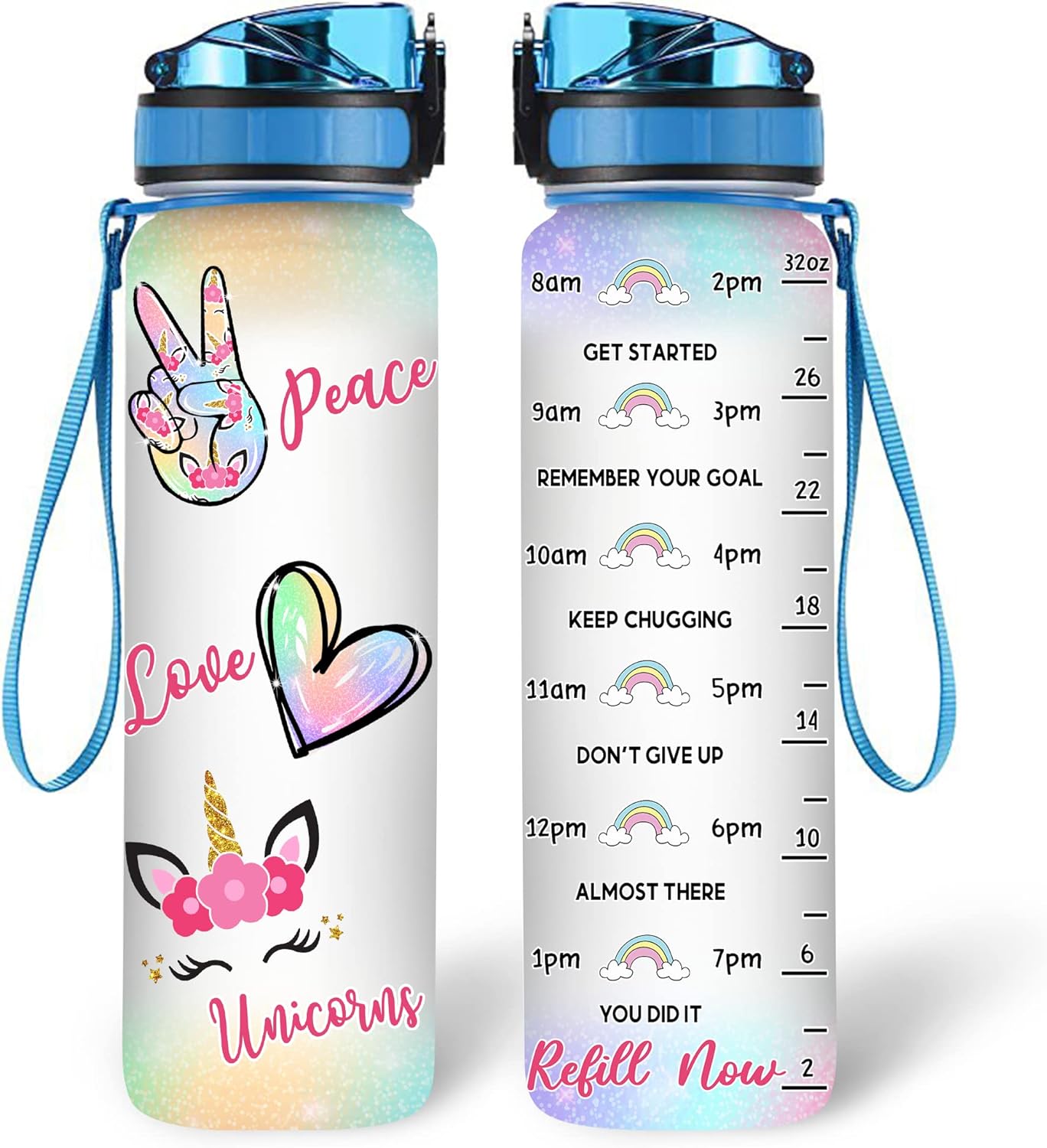 Peace Love Unicorns - Personalized Water Tracker Bottle 32oz