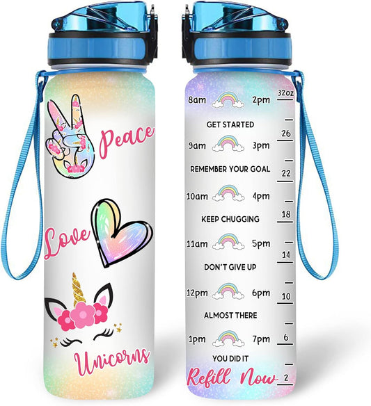 Peace Love Unicorns - Personalized Water Tracker Bottle 32oz