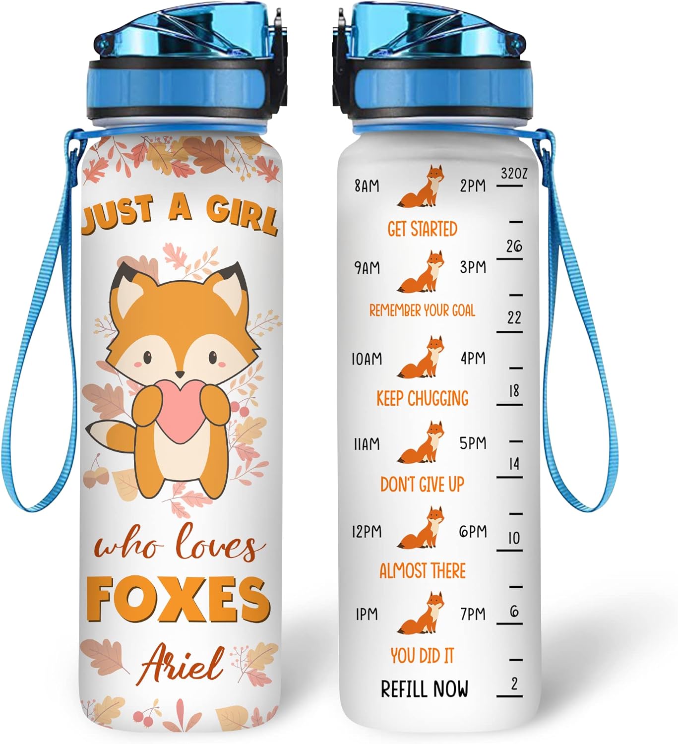 Fox Water Bottle Tracker 32oz Personalized – Cute Animal Hydration Bottle with Time Marker – Unique Gift for Fox Lovers