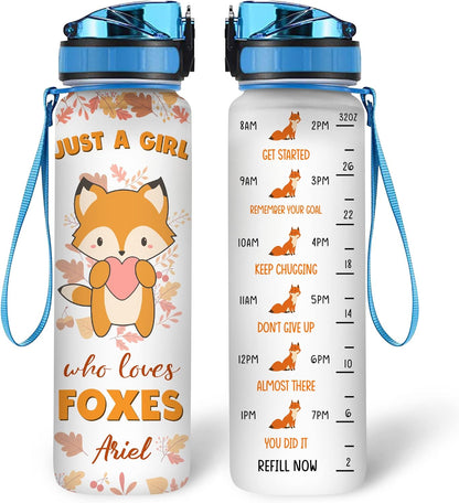 Fox Water Bottle Tracker 32oz Personalized – Cute Animal Hydration Bottle with Time Marker – Unique Gift for Fox Lovers