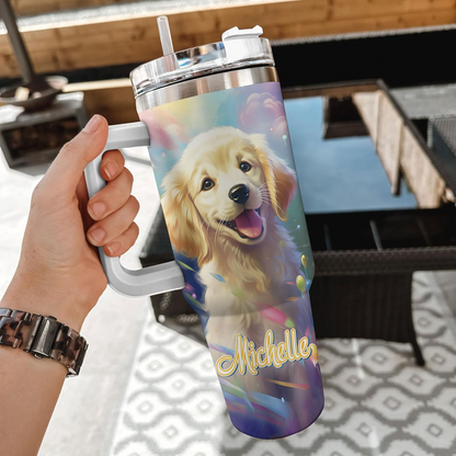Golden Retriever Spirit Animal Tumbler 40oz – Personalized Stainless Steel Travel Cup with Handle & Straw – Perfect Gift for Dog Moms