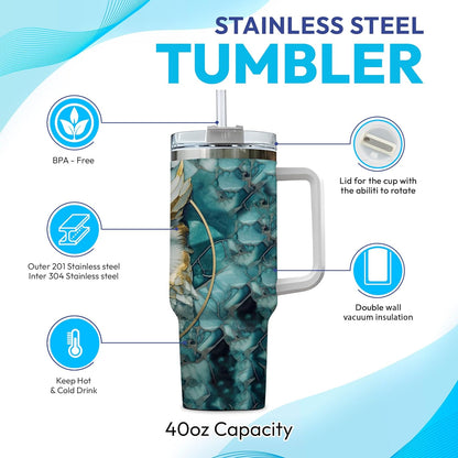 Golden Owl Marble Tumbler 40oz with Handle & Straw – Personalized Stainless Steel Travel Cup with Lid – Stylish Gift for Owl Lovers