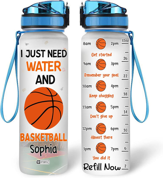 Basketball Theme Water Bottle Tracker 32oz – Personalized Motivational Sports Hydration Bottle with Time Marker – Unique Gift for Basketball Lovers