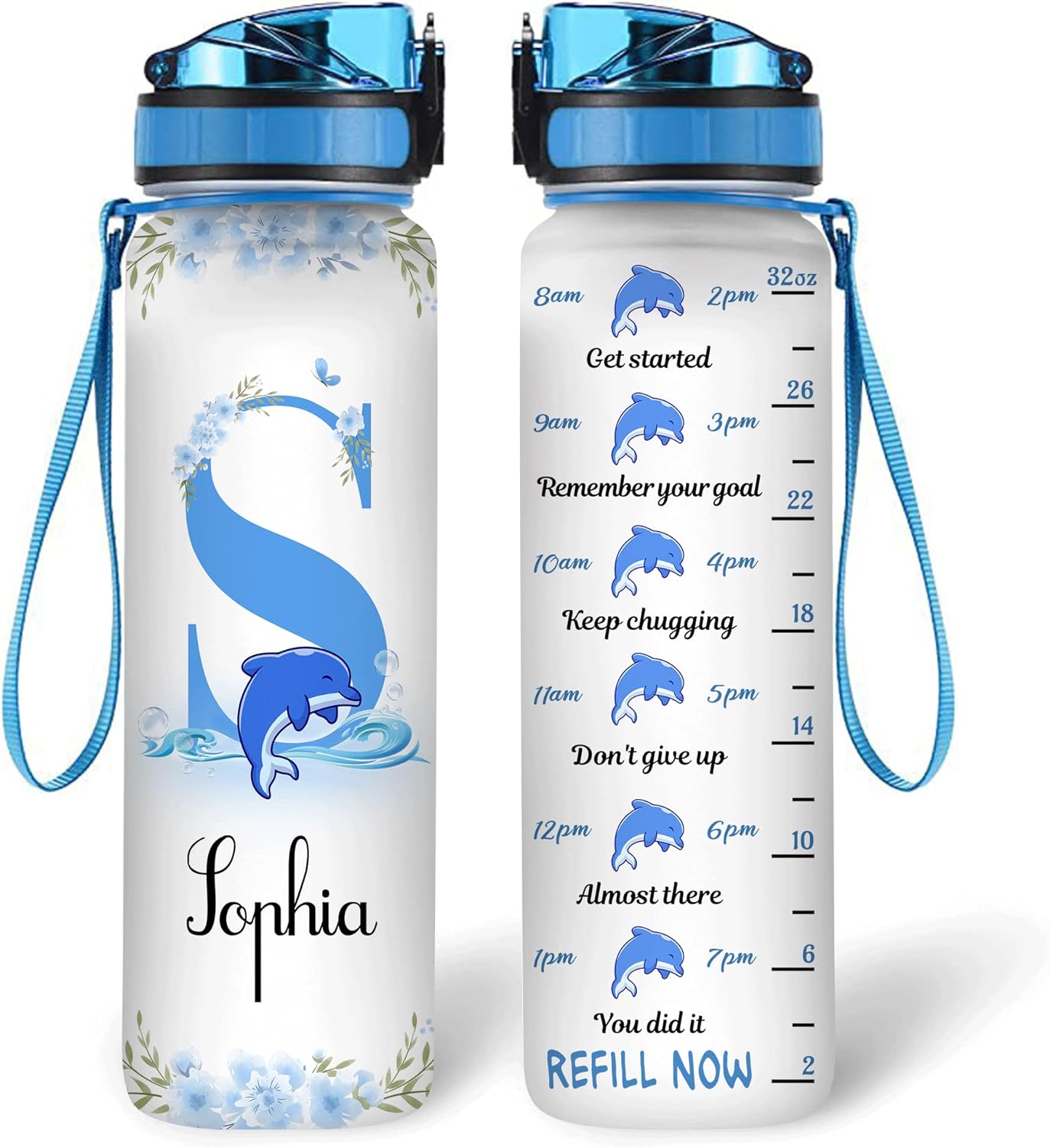 Dolphin Initial Water Bottle Tracker 32oz Personalized – Ocean Lover’s Hydration Bottle with Time Marker – Unique Gift for Girls & Women