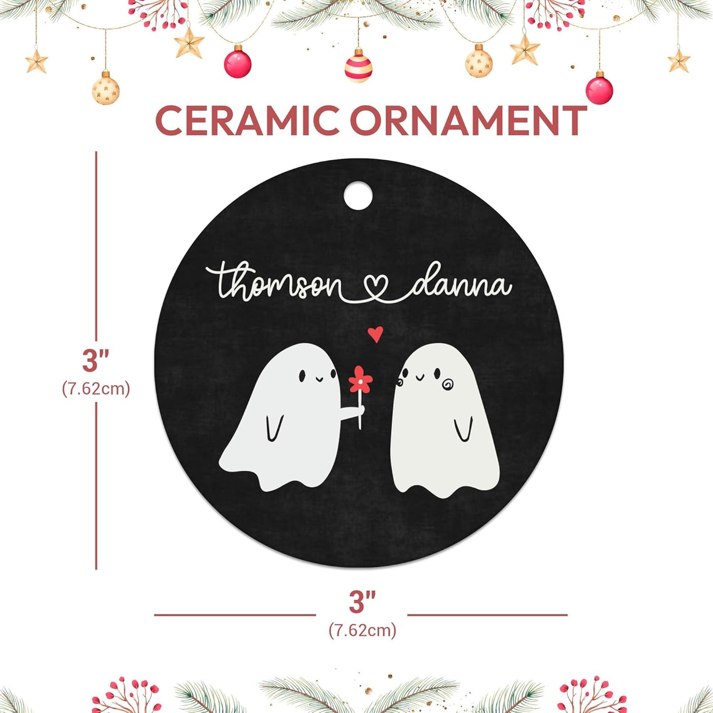 Cute Ghost Couple Black Ceramic Ornament – Personalized Custom Name Circle Keepsake, Funny Halloween or Anniversary Gift for Couples