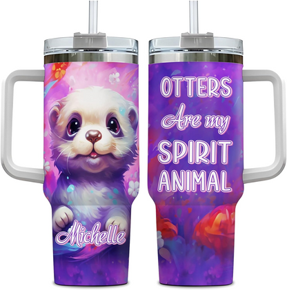 Otter Lover Tumbler 40oz with Handle & Straw – Personalized Stainless Steel Insulated Travel Cup with Lid – Cute Birthday Gift for Animal Lovers