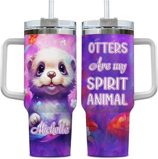 Otter Lover Tumbler 40oz with Handle & Straw – Personalized Stainless Steel Insulated Travel Cup with Lid – Cute Birthday Gift for Animal Lovers
