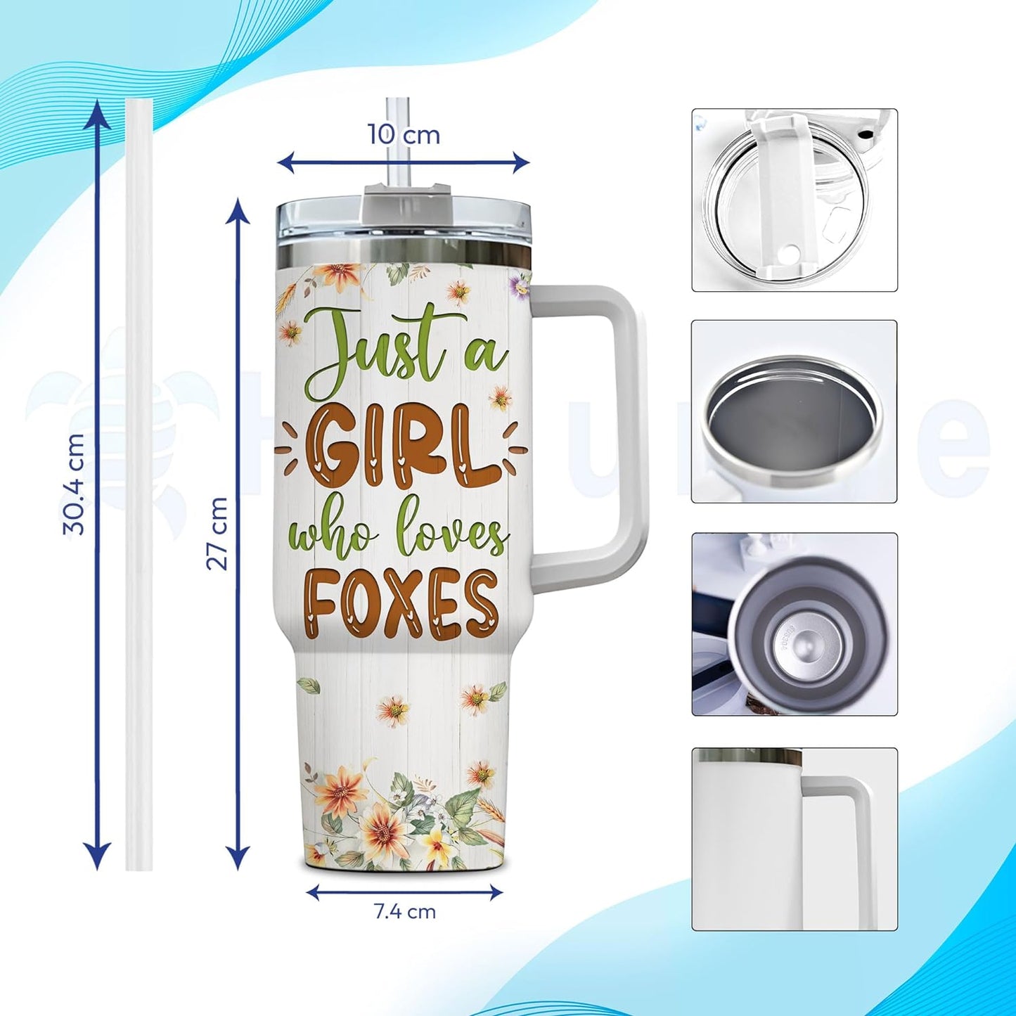Fox Woodland Tumbler 40oz – Personalized Stainless Steel Insulated Cup with Handle & Straw – Cute Gift for Fox Lovers