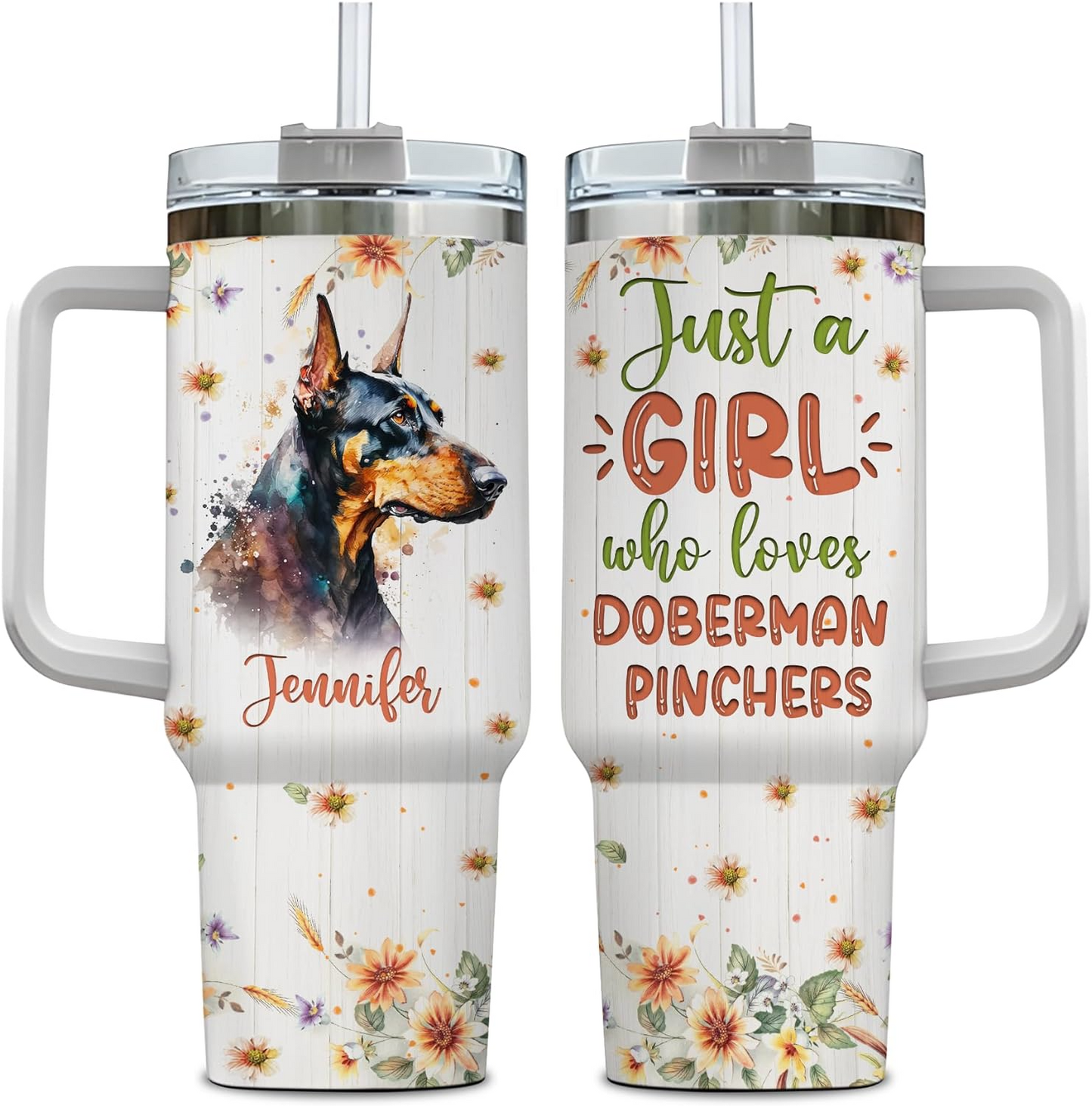 Doberman Lover Tumbler 40oz with Handle & Straw – Personalized Stainless Steel Travel Cup with Lid – Stylish Gift for Dog Enthusiasts