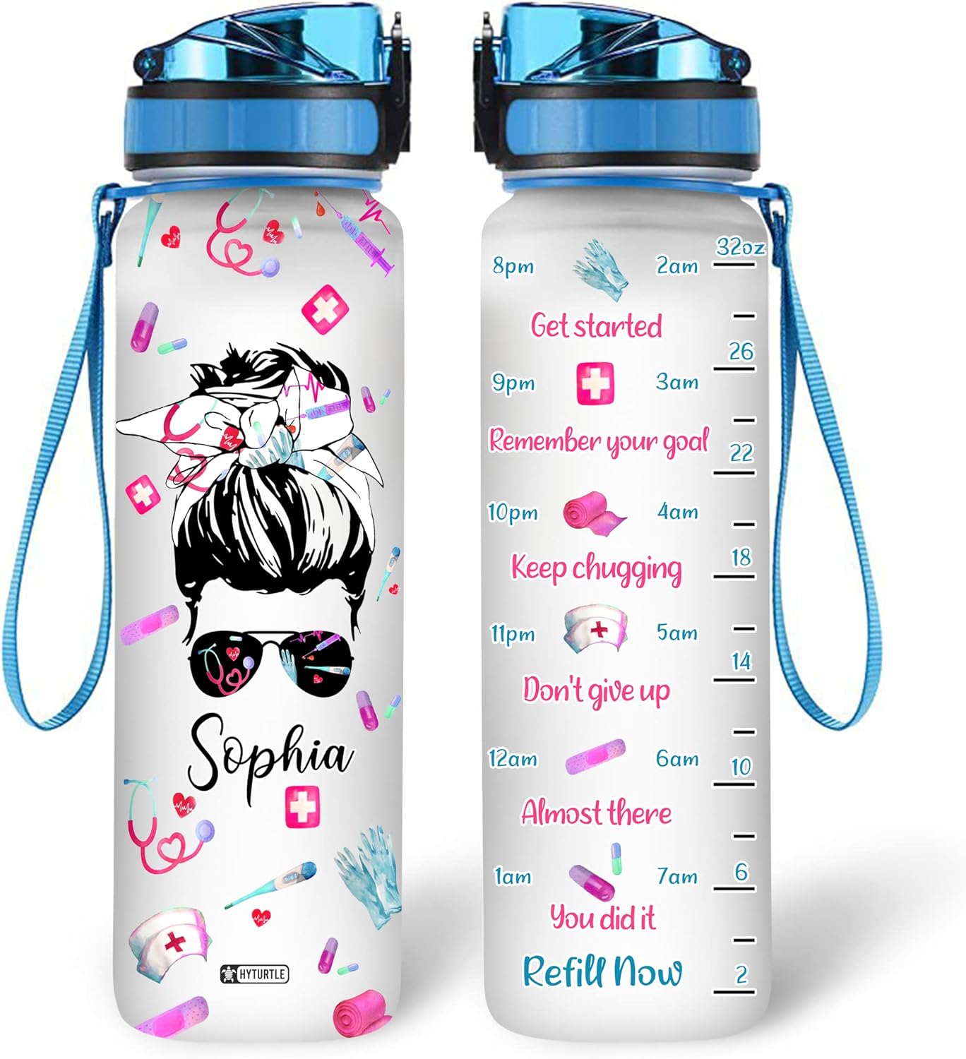 Nurse Bun Hair - Personalized Water Tracker Bottle 32oz