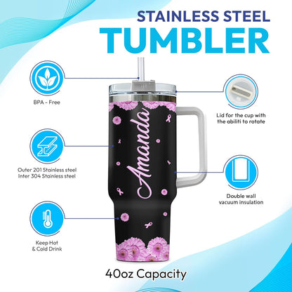Pink Ribbon Flower Tumbler 40oz – Personalized Stainless Steel Insulated Cup with Handle & Straw – Supportive Gift for Breast Cancer Awareness