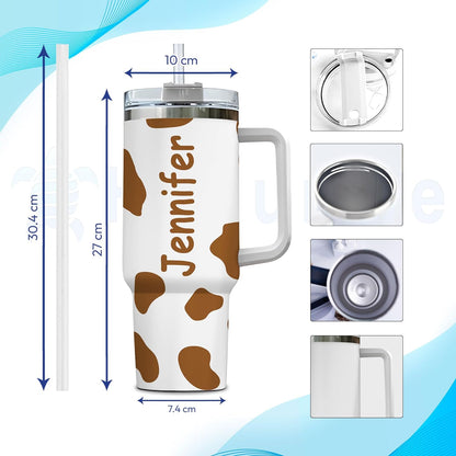 Cute Highland Cow Cartoon Tumbler 40oz with Handle & Straw – Personalized Stainless Steel Travel Cup with Lid – Unique Gift for Cow Lovers