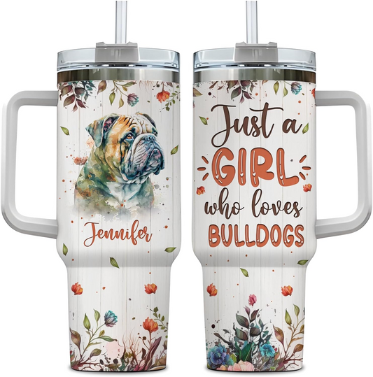 Bulldog Lover Tumbler 40oz with Handle & Straw – Personalized Stainless Steel Insulated Cup with Lid – Gift for Dog Moms