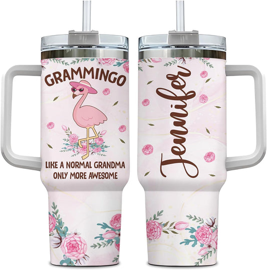 Grammingo Flamingo Grandma Tumbler 40oz with Handle & Straw – Personalized Stainless Steel Insulated Cup with Lid – Fun Gift for Grandma