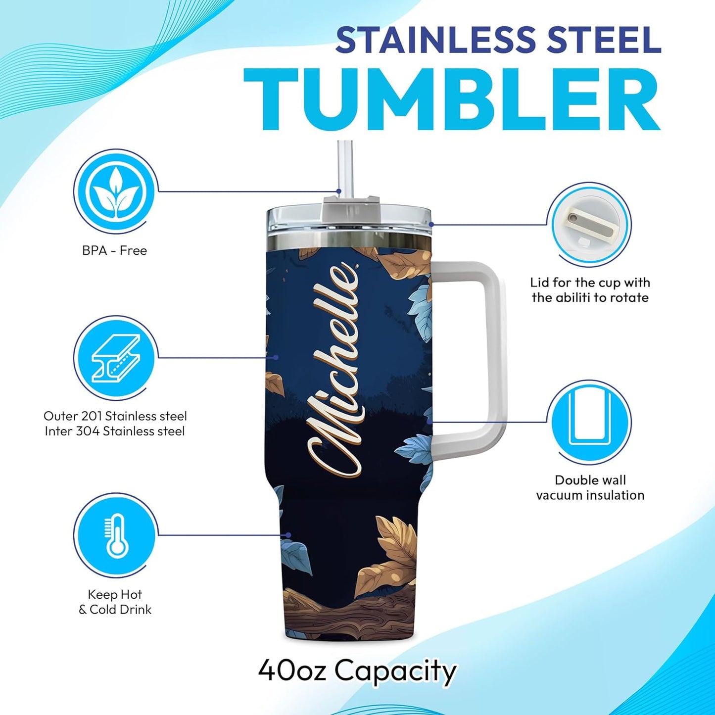 Elegant Owl Tumbler 40oz with Handle & Straw – Personalized Stainless Steel Insulated Travel Cup with Lid – Stylish Gift for Owl Lovers