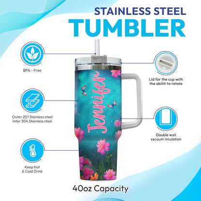 Highland Cow Floral Tumbler 40oz with Handle & Straw – Personalized Stainless Steel Insulated Cup with Lid – Creative Gift for Animal Lovers