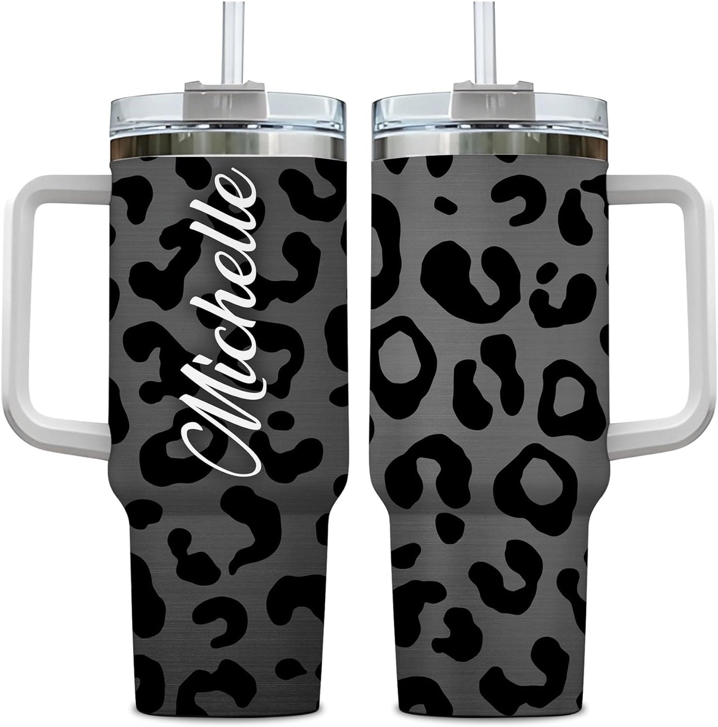 Black Leopard Print Tumbler 40oz with Handle & Straw – Personalized Stainless Steel Insulated Cup with Lid – Stylish Gift for Women