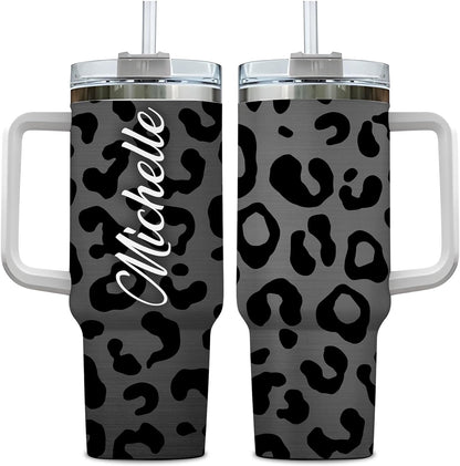 Black Leopard Print Tumbler 40oz with Handle & Straw – Personalized Stainless Steel Insulated Cup with Lid – Stylish Gift for Women