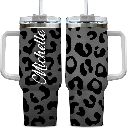 Black Leopard Print Tumbler 40oz with Handle & Straw – Personalized Stainless Steel Insulated Cup with Lid – Stylish Gift for Women
